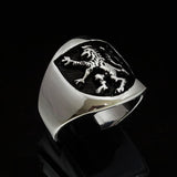 Excellent crafted ancient Men's Rampant Lion Ring Black - Sterling Silver - BikeRing4u