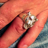 Excellent crafted Sterling Silver Men's Animal Ring Cougar red CZ Eyes - BikeRing4u