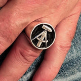 Perfectly crafted Men's GDR Socialist Ring Hammer Compasses Black - Sterling Silver - BikeRing4u