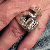 Excellent crafted Sterling Silver Atheist Ring Fist Middle Finger Cross - BikeRing4u
