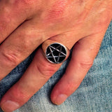 Perfectly crafted Men's Solid Line Pentagram Ring Black - Sterling Silver - BikeRing4u