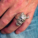 Excellent crafted Men's horned Devil Sterling Silver Ring - BikeRing4u