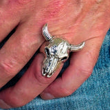 Excellent crafted Men's Bull Skull Cowboy Ring - Sterling Silver - BikeRing4u