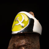 Excellent crafted Men's yellow Hammer and Sickle Crest Ring - Sterling Silver - BikeRing4u