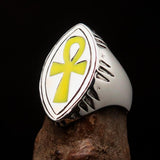 Yellow marquise shaped Egyptian Ankh Cross Men's Ring - Sterling Silver - BikeRing4u