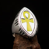 Yellow marquise shaped Egyptian Ankh Cross Men's Ring - Sterling Silver - BikeRing4u