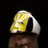 Excellent crafted Men's yellow Maltese Cross Biker Ring - Sterling Silver - BikeRing4u