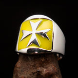 Excellent crafted Men's yellow Maltese Cross Biker Ring - Sterling Silver - BikeRing4u