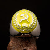 Perfectly crafted Men's Communist Ring yellow Hammer Sickle Crest CCCP - Sterling Silver - BikeRing4u