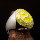 Perfectly crafted Men's Communist Ring yellow Hammer Sickle Crest CCCP - Sterling Silver - BikeRing4u