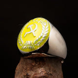 Perfectly crafted Men's Communist Ring yellow Hammer Sickle Crest CCCP - Sterling Silver - BikeRing4u