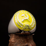 Perfectly crafted Men's Communist Ring yellow Hammer Sickle Crest CCCP - Sterling Silver - BikeRing4u