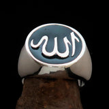 Excellent crafted Men's Muslim Ring Green Allah Symbol - Sterling Silver - BikeRing4u