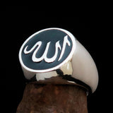 Excellent crafted Men's Muslim Ring Green Allah Symbol - Sterling Silver - BikeRing4u