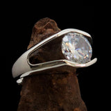 Smoothly crafted Sterling Silver Men's Solitaire Ring White Cubic Zirconia CZ - BikeRing4u