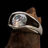 Smoothly crafted Sterling Silver Men's Solitaire Ring White Cubic Zirconia CZ - BikeRing4u