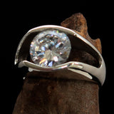 Smoothly crafted Sterling Silver Men's Solitaire Ring White Cubic Zirconia CZ - BikeRing4u