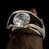 Smoothly crafted Sterling Silver Men's Solitaire Ring White Cubic Zirconia CZ - BikeRing4u