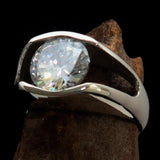 Smoothly crafted Sterling Silver Men's Solitaire Ring White Cubic Zirconia CZ - BikeRing4u