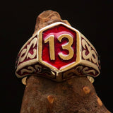 Excellent crafted Men's Biker Ring red Number 13 - Solid Brass - BikeRing4u