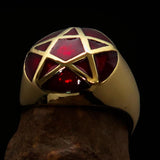 Perfectly domed Men's Solid Line Pentagram Ring Red - Brass - BikeRing4u