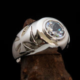 Nicely crafted Men's Solitaire Iron Cross Ring White Cubic Zirconia CZ - Sterling Silver - BikeRing4u