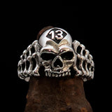 Antiqued Men's Number 13 Skull and Bones Ring - Sterling Silver - BikeRing4u