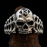 Antiqued Men's Number 13 Skull and Bones Ring - Sterling Silver - BikeRing4u