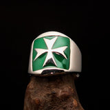 Excellent crafted Men's green Maltese Cross Biker Ring - Sterling Silver - BikeRing4u