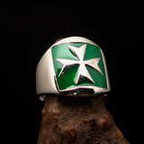 Excellent crafted Men's green Maltese Cross Biker Ring - Sterling Silver - BikeRing4u