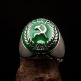 Perfectly crafted Men's Communist Ring green Hammer Sickle Crest CCCP - Sterling Silver - BikeRing4u