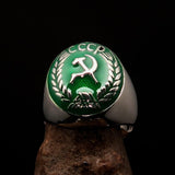 Perfectly crafted Men's Communist Ring green Hammer Sickle Crest CCCP - Sterling Silver - BikeRing4u