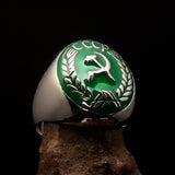 Perfectly crafted Men's Communist Ring green Hammer Sickle Crest CCCP - Sterling Silver - BikeRing4u