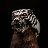 Excellent crafted Men's Predator Ring Tiger red CZ Eyes and black Stripes - Sterling Silver - BikeRing4u