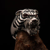Excellent crafted Men's Predator Ring Tiger red CZ Eyes and black Stripes - Sterling Silver - BikeRing4u