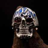 Excellent crafted Men's blue 1% Flaming Skull Outlaw Ring red CZ Eyes - Sterling Silver - BikeRing4u