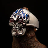Excellent crafted Men's blue 1% Flaming Skull Outlaw Ring red CZ Eyes - Sterling Silver - BikeRing4u