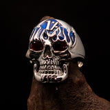 Excellent crafted Men's blue 1% Flaming Skull Outlaw Ring red CZ Eyes - Sterling Silver - BikeRing4u