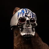 Excellent crafted Men's blue 1% Flaming Skull Outlaw Ring red CZ Eyes - Sterling Silver - BikeRing4u