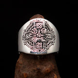 Excellent crafted Men's antiqued Celtic Runes Cross Ring - Sterling Silver - BikeRing4u