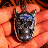 Hand crafted horned Devil Face Skull Amulet - Sodalite Carving - Sterling Silver - BikeRing4u