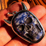 Hand crafted horned Devil Face Skull Amulet - Sodalite Carving - Sterling Silver - BikeRing4u