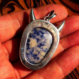 Hand crafted horned Devil Face Skull Amulet - Sodalite Carving - Sterling Silver - BikeRing4u