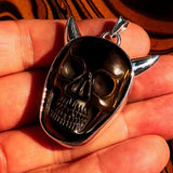 Hand crafted horned Devil Face Skull Amulet - Tiger's Eye Carving - Sterling Silver - BikeRing4u