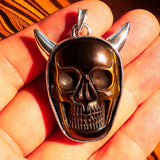 Hand crafted horned Devil Face Skull Amulet - Tiger's Eye Carving - Sterling Silver - BikeRing4u
