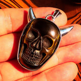Hand crafted horned Devil Face Skull Amulet - Tiger's Eye Carving - Sterling Silver - BikeRing4u