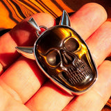 Hand crafted horned Devil Face Skull Amulet - Tiger's Eye Carving - Sterling Silver - BikeRing4u