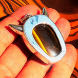 Hand crafted horned Devil Face Skull Amulet - Tiger's Eye Carving - Sterling Silver - BikeRing4u