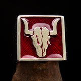 Perfectly crafted Men's Cowboy Ring Bull Skull Red - Sterling Silver - BikeRing4u