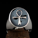 Black oval shaped Egyptian Ankh Cross Men's Ring - Sterling Silver - BikeRing4u